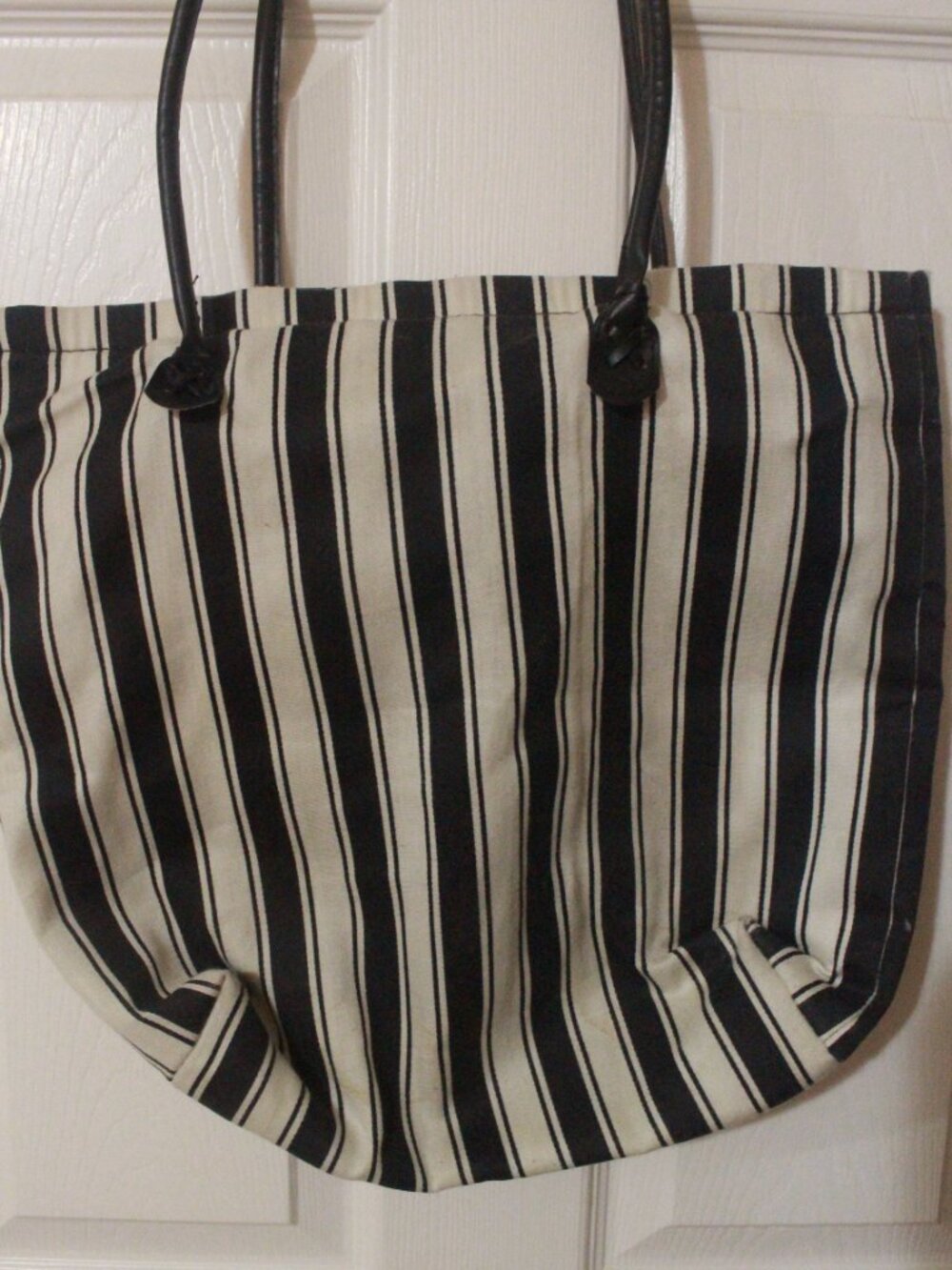 Black & Cream Vertical Stripe Tote with Double Shoulder Straps